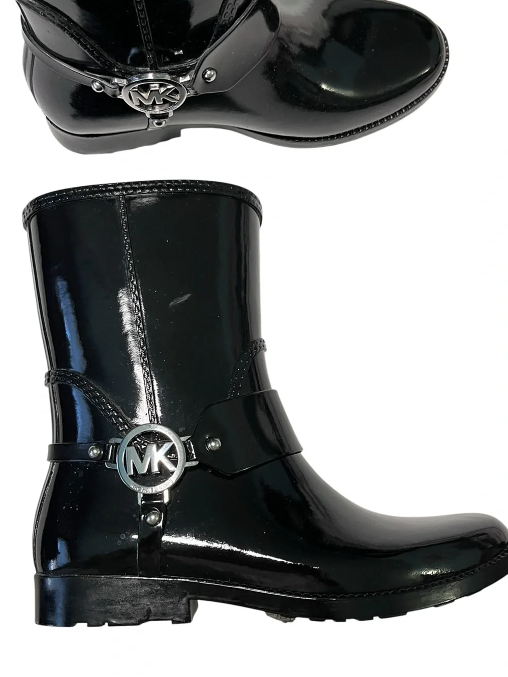 MICHAEL KORS Fulton Rubber Slip-On Rain Boots Booties Glossy Black Silver Logo 8